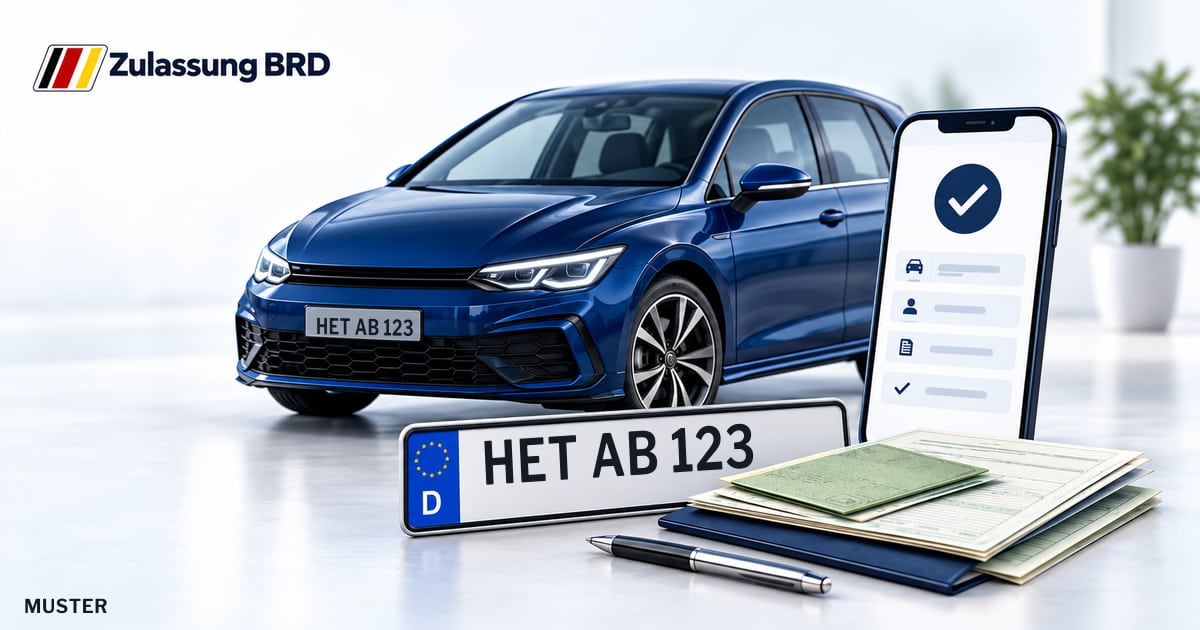 Online Fahrzeugzulassung in Hettstedt: Musterkennzeichen HET AB 123, Auto und Fahrzeugpapiere und Smartphone. Illustration mit Logo von Zulassung BRD.